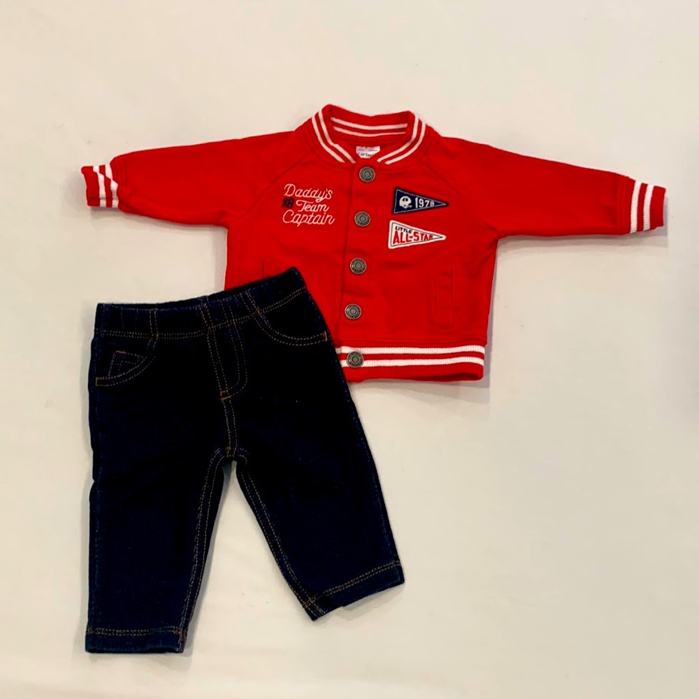 Carter’s 2 pieces all 3 months. Varsity jacket with pant.